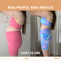 Side-by-side photos show a woman in athletic wear before and after losing 32 lbs, crediting The Collagen Co. Iced Coffee Collagen Meal Replacement (784g) as a key part of her real transformation.