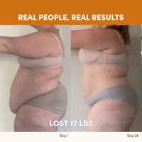 Side-by-side photos show body changes over 28 days with The Collagen Co. Salted Caramel Milkshake Collagen Meal Replacement (756g): Day 1 vs Day 28. Text: Real People, Real Results and Lost 17 lbs.