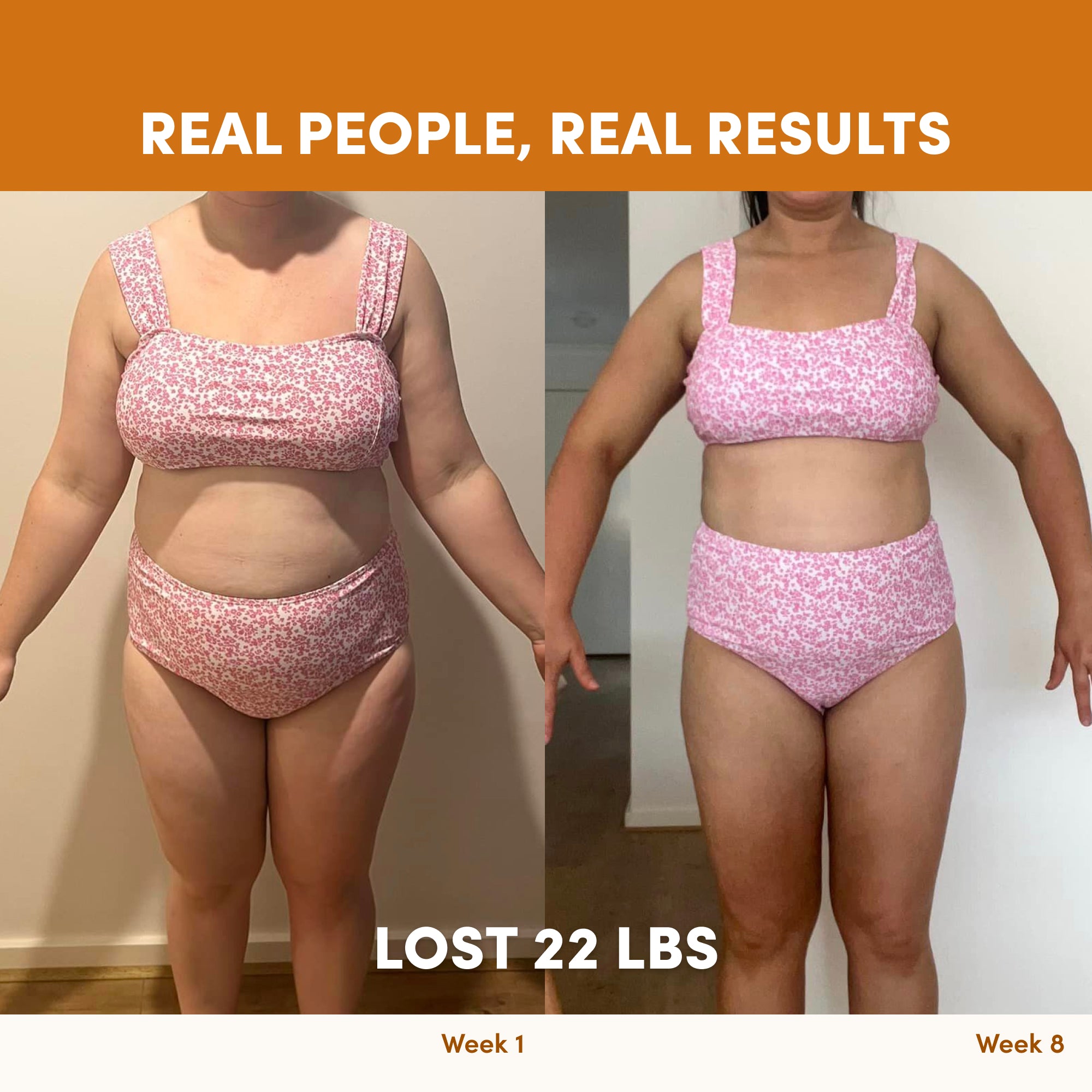 Side-by-side photos show a body transformation in a pink floral swimsuit from week 1 to week 8 using The Collagen Co. Salted Caramel Milkshake Collagen Meal Replacement – Real People, Real Results, Lost 22 lbs.
