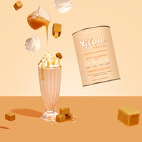 The Collagen Co. Salted Caramel Milkshake Collagen Meal Replacement (756g) sits in a tall glass topped with whipped cream, caramel sauce, ice cream scoops, and caramel cubes—all on a peach background, highlighting Hydrolysed Collagen Peptides.