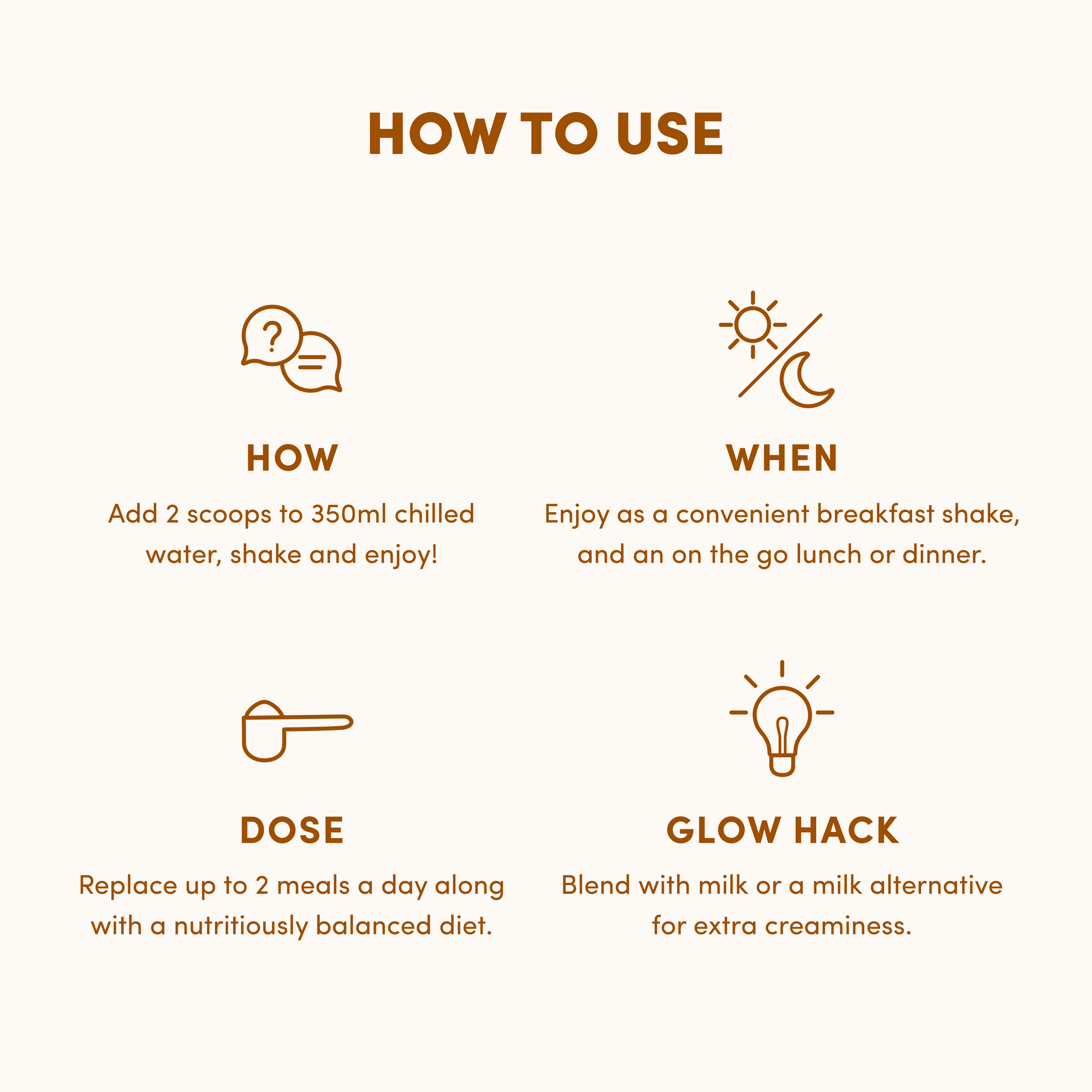 Infographic: How to Use Salted Caramel Milkshake Collagen Meal Replacement by The Collagen Co.—Add 2 scoops to 350ml chilled water, shake; enjoy as breakfast/lunch; replace up to 2 meals/day; blend with milk for creaminess.