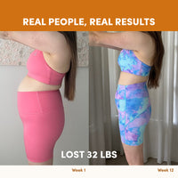 Side-by-side photos show a woman’s 12-week transformation, wearing pink, blue, and purple workout sets. Text: Real People, Real Results—Lost 32 lbs with The Collagen Co. Salted Caramel Milkshake Collagen Meal Replacement (756g).