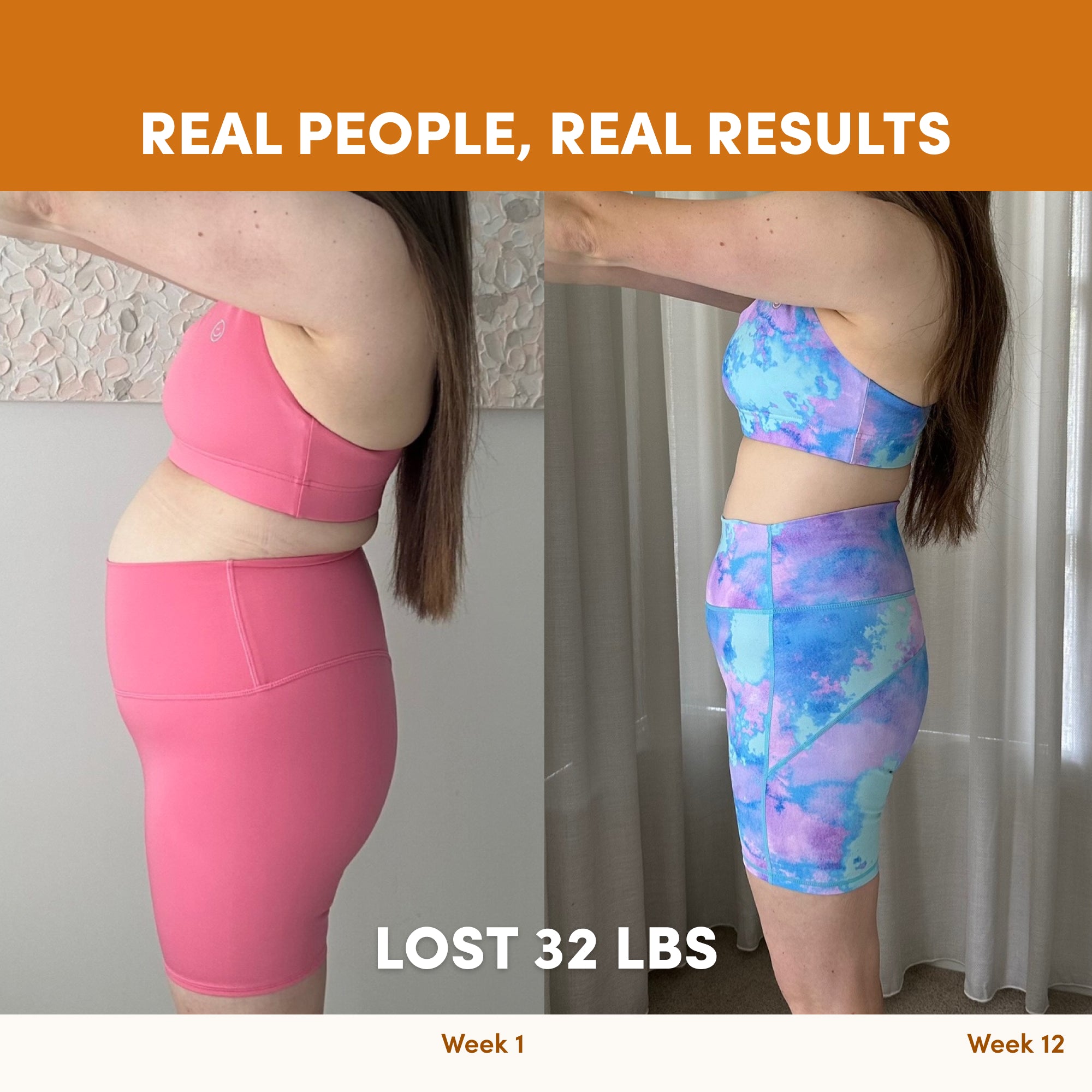 Side-by-side photos show a woman’s 12-week transformation, wearing pink, blue, and purple workout sets. Text: Real People, Real Results—Lost 32 lbs with The Collagen Co. Salted Caramel Milkshake Collagen Meal Replacement (756g).