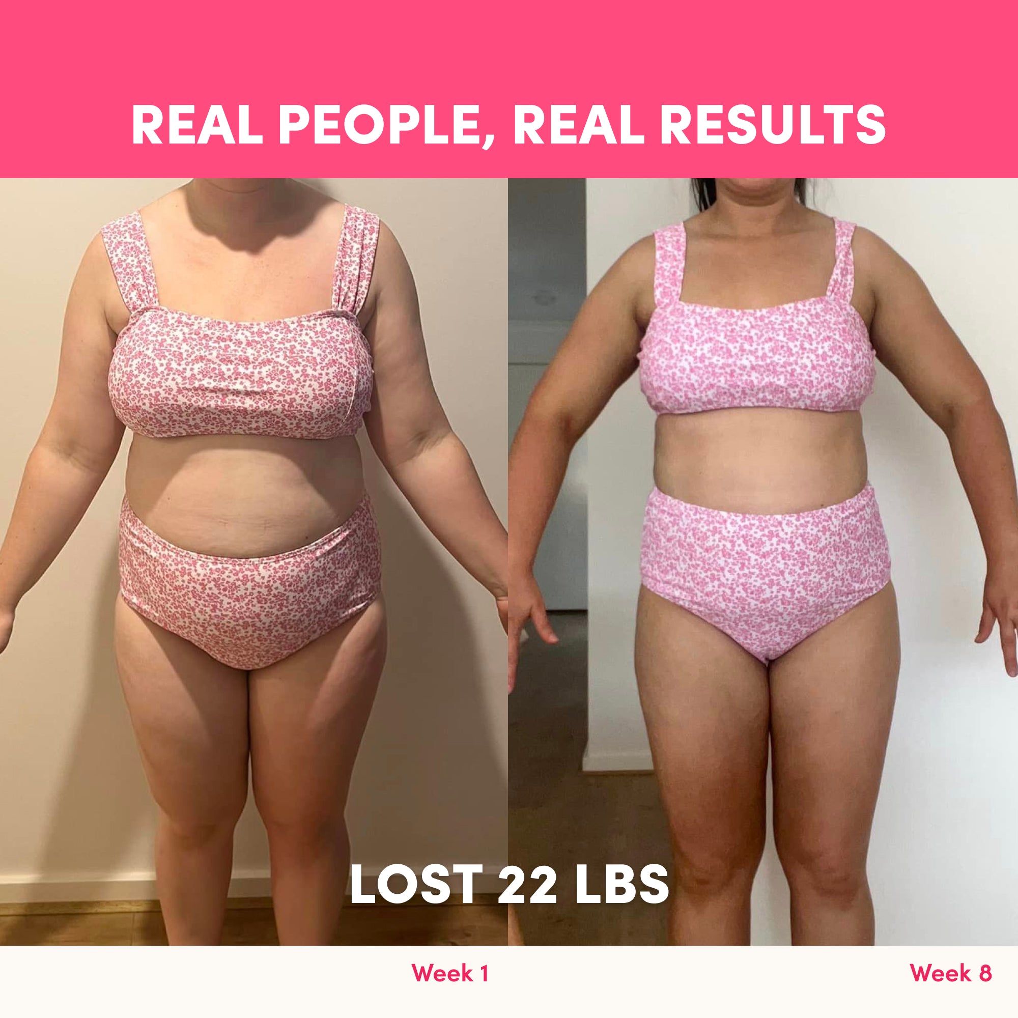 Side-by-side photos of a woman in a pink patterned bikini, showing 8-week progress. Text reads: Real People, Real Results—lost 22 lbs with The Collagen Co. Strawberry Milkshake Collagen Meal Replacement - 756g. Keto-friendly!.