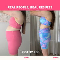 Side-by-side comparison of a woman in athletic wear showing 32 lbs lost from week 1 to week 12, featuring The Collagen Co. Strawberry Milkshake Collagen Meal Replacement – Real People, Real Results.