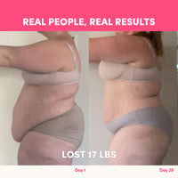 Side-by-side photos show a woman in underwear on day 1 and day 28 using The Collagen Co. Strawberry Milkshake Collagen Meal Replacement (756g), looking visibly slimmer. Text: “Real People, Real Results” and “Lost 17 lbs.”.