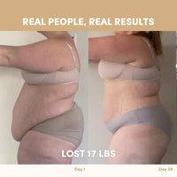 Side-by-side photos show a woman in underwear on day 1 (left) and day 28 (right) of her journey with The Collagen Co. Vanilla Milkshake Collagen Meal Replacement. Text: “Real People, Real Results” and “Lost 17 lbs.” Visible transformation.