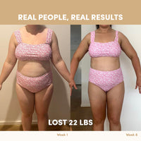 Side-by-side photos show a woman’s weight management progress over 8 weeks using The Collagen Co. Vanilla Milkshake Collagen Meal Replacement. Text: “Real People, Real Results” and “Lost 22 lbs.”.