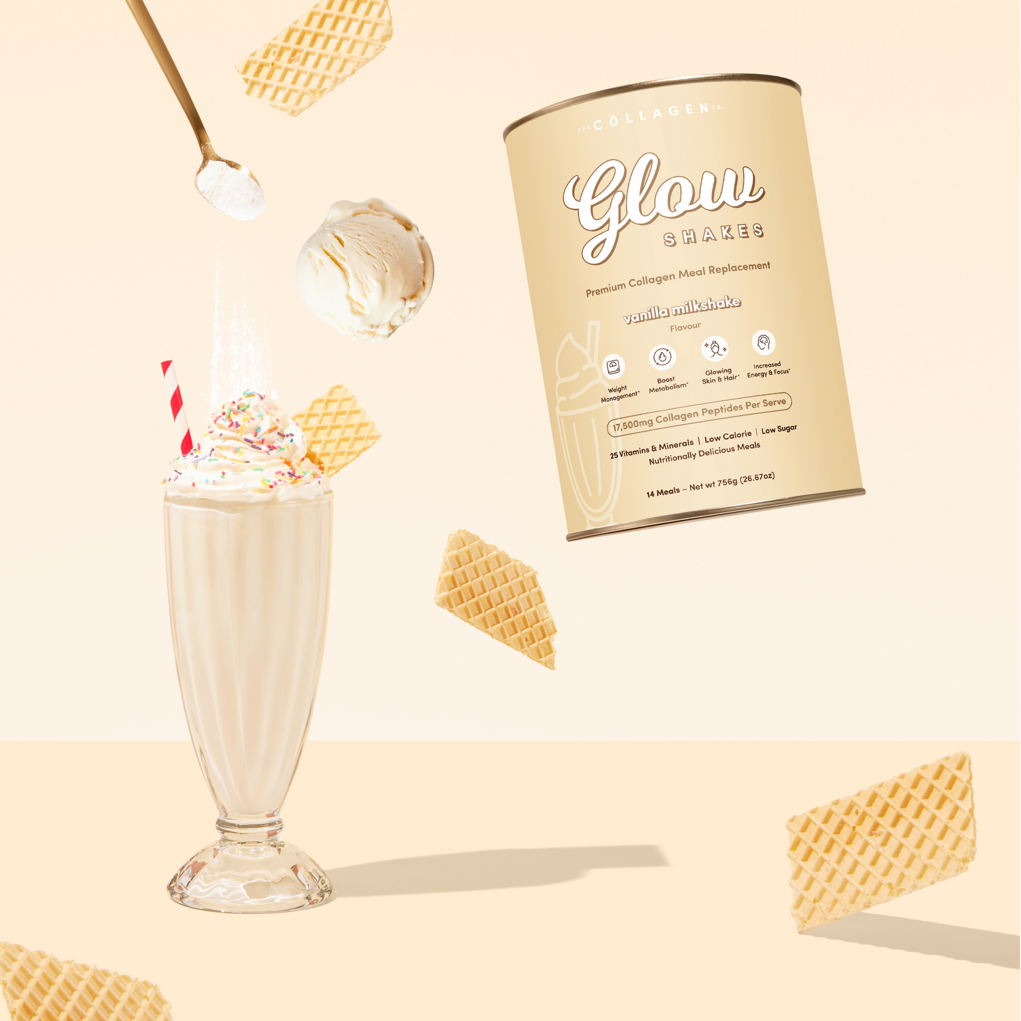 A glass of The Collagen Co. Vanilla Milkshake Collagen Meal Replacement sits with a canister, waffle cookies, and ice cream on a beige background—an ideal choice for weight management.