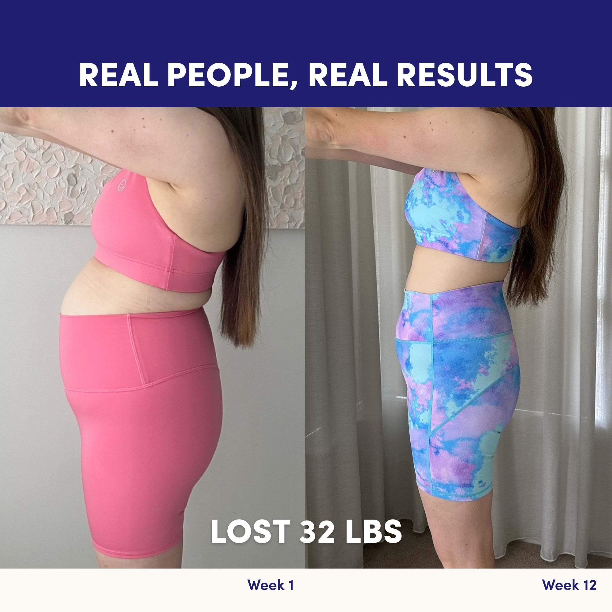 Side-by-side photos show a woman’s 12-week, 32-lb transformation. Left: pink workout set; right: blue tie-dye. With The Collagen Co.'s Choc-Honeycomb Collagen Meal Replacement (784g), her progress is strikingly visible.