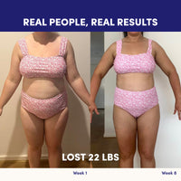 Side-by-side photos show a woman’s 8-week body transformation, losing 22 lbs, with the text: Real People, Real Results—thanks in part to adding The Collagen Co. Choc-Honeycomb Collagen Meal Replacement (784g).