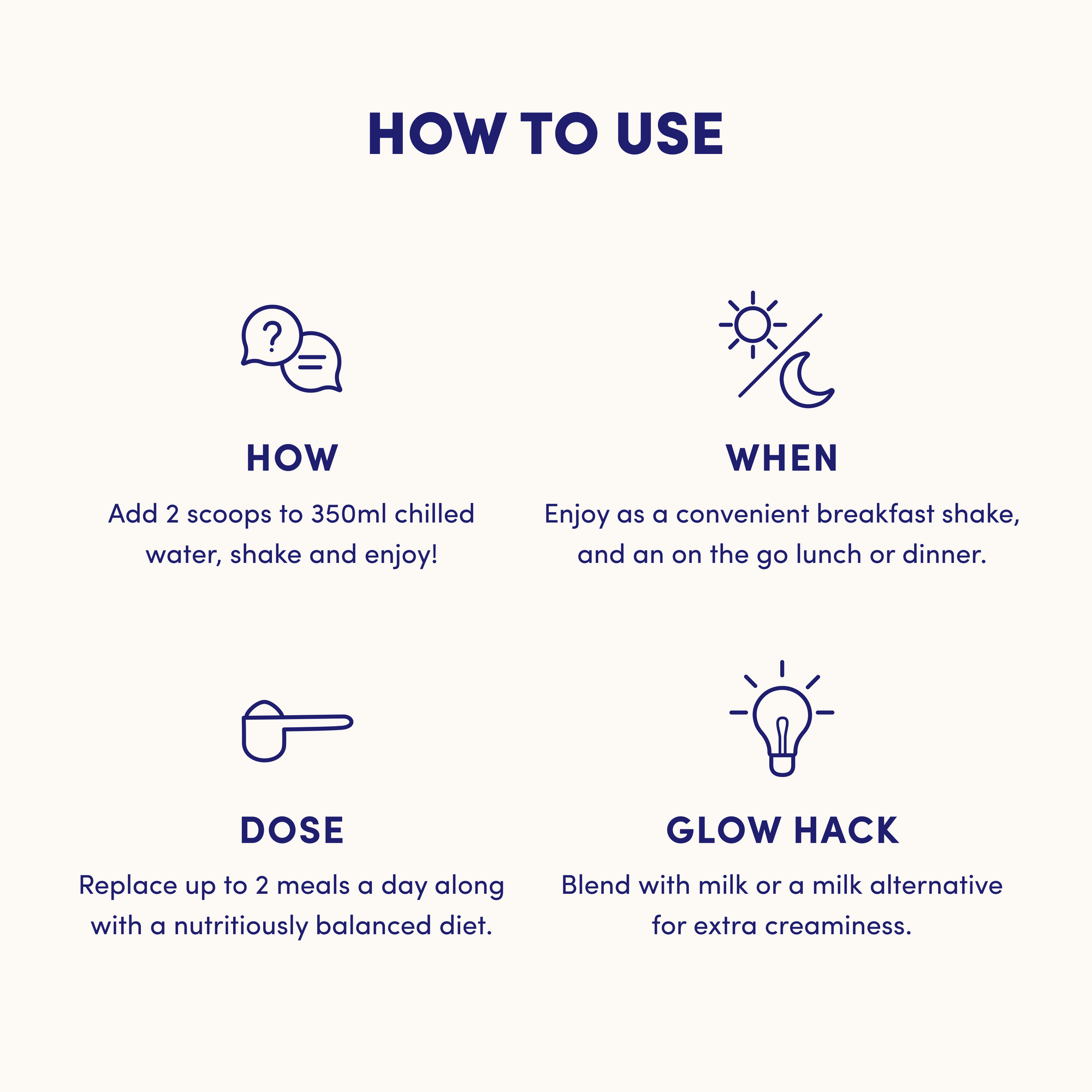 Discover how to mix, when to enjoy, dosage guidelines, and a tip to blend Choc-Honeycomb Collagen Meal Replacement (784g) by The Collagen Co. with milk for extra creaminess—each step features easy blue icons on a light background.