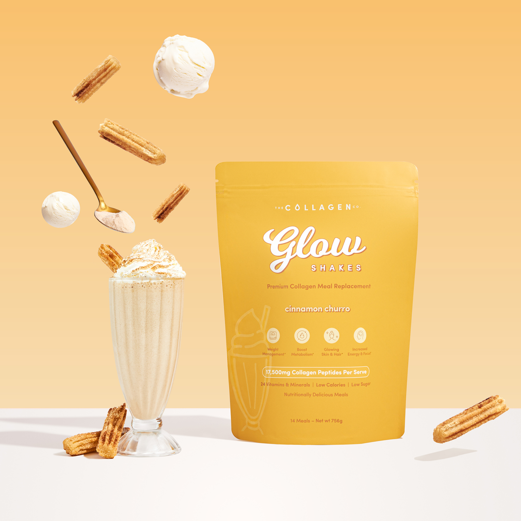 Yellow collagen shake pouch labeled "Glow" with cinnamon churro flavor, surrounded by churros and a glass with whipped shake.