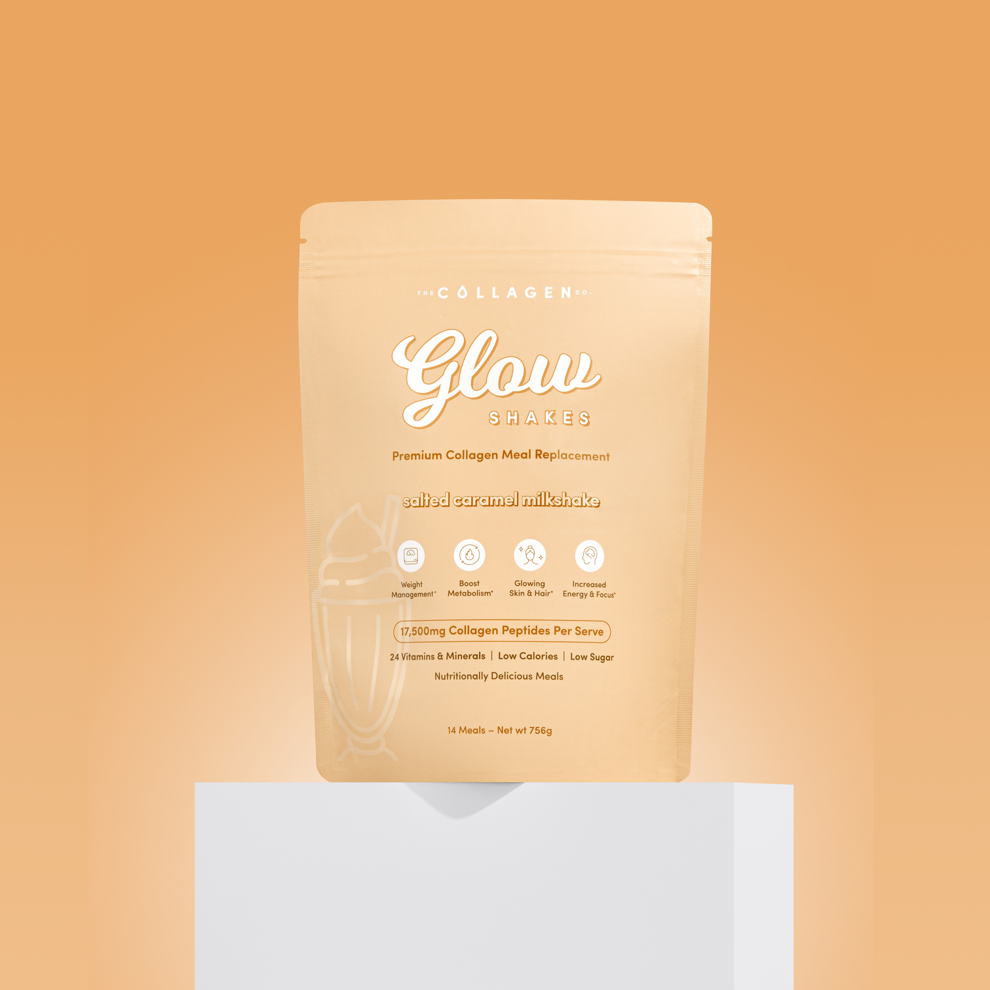 Beige packet of collagen glow shakes, salted caramel flavor, on white pedestal. Highlights health benefits and nutritional info. Orange background.