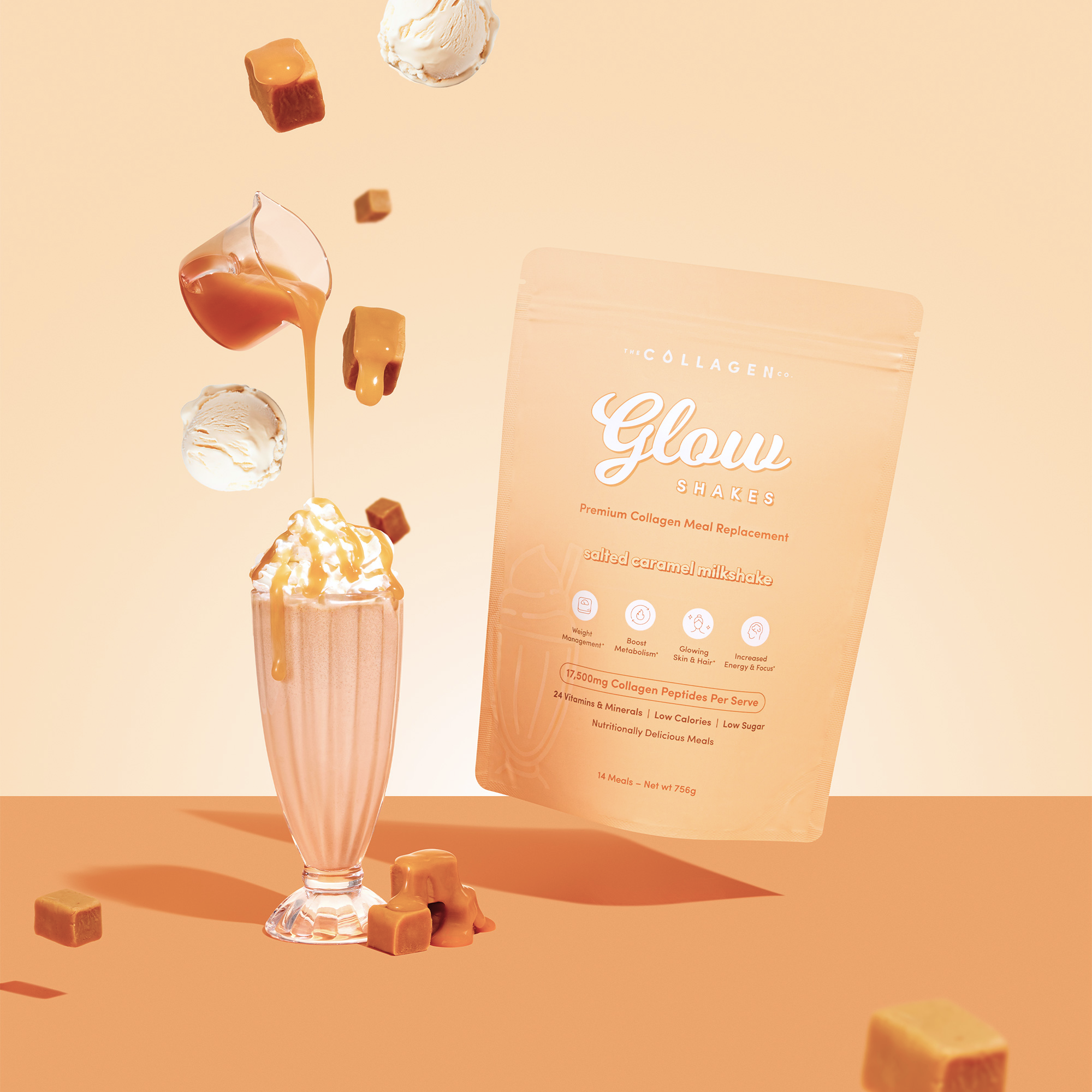 Collagen Glow Shakes salted caramel mix with whipped shake, caramel cubes, and pouring caramel. Beauty supplement for skin health.