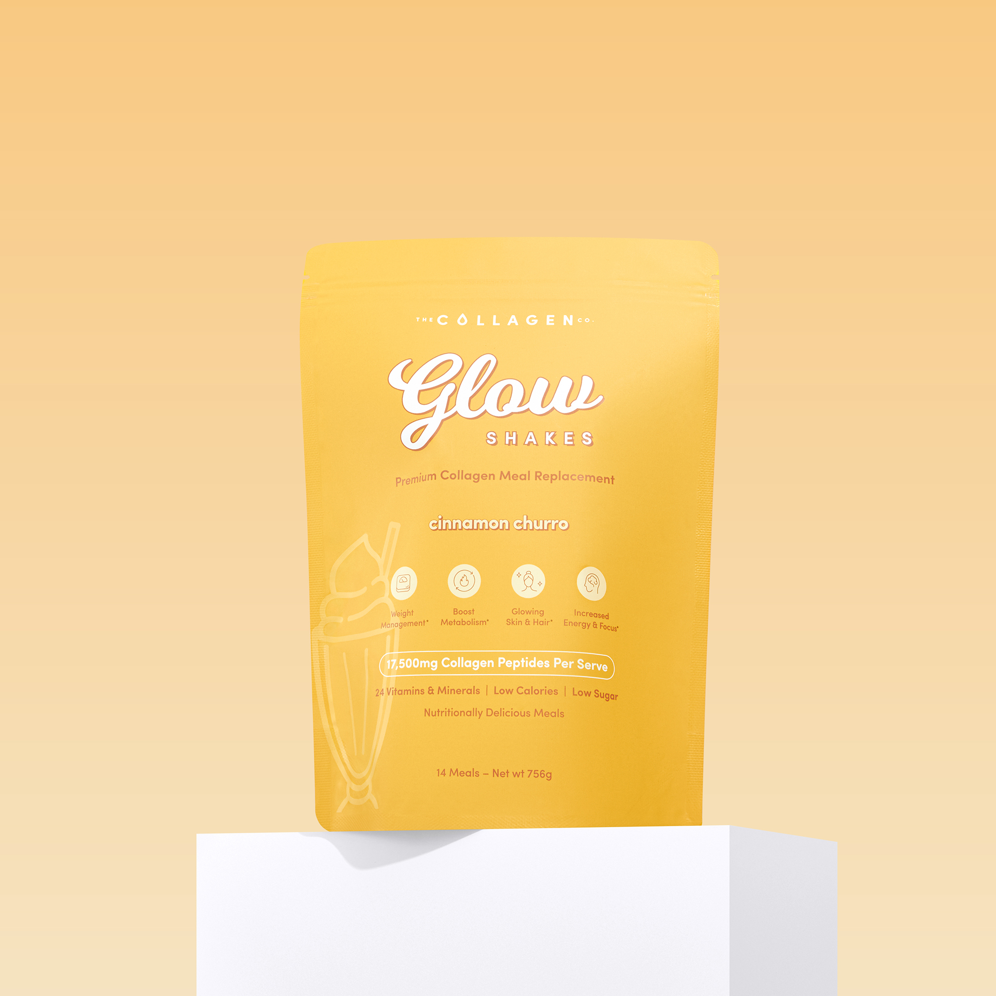 Yellow package of Glow Shakes collagen powder. Cinnamon churro flavor, highlights collagen benefits and nutrition. Placed on a white podium.