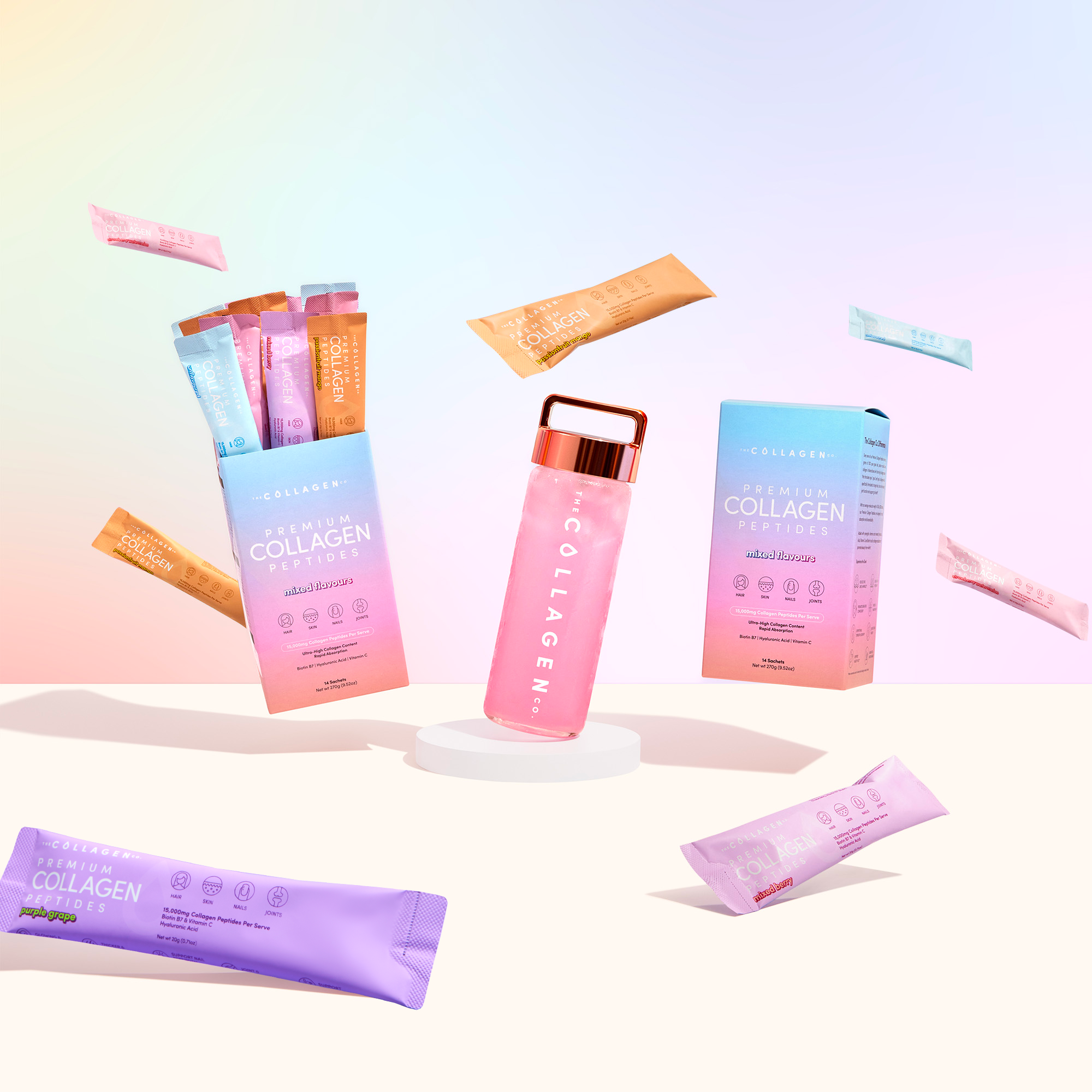 Floating collagen powder sachets with boxes and a pink bottle on a pastel gradient background, highlighting beauty and wellness supplements.