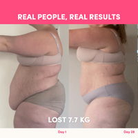 Side-by-side photos of a woman in underwear reveal body changes over 28 days using The Complete Glow Affair Bundle by The Collagen Co. Left image (Day 1): larger belly. Right (Day 28): slimmer shape. Text reads: "Lost 7.7 kg.