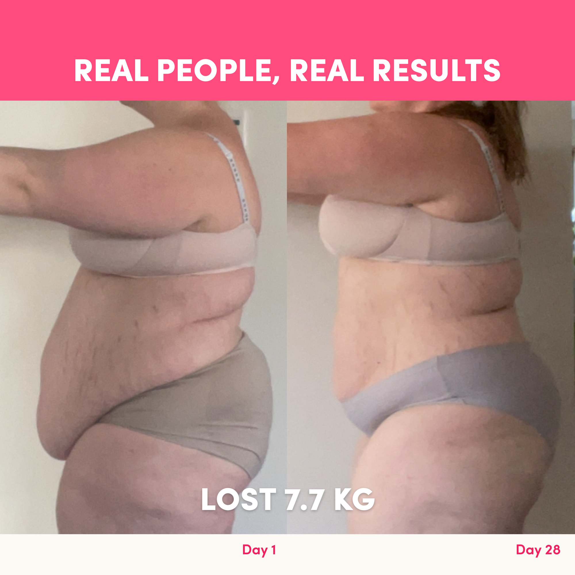 Side-by-side photos of a woman in underwear reveal body changes over 28 days using The Complete Glow Affair Bundle by The Collagen Co. Left image (Day 1): larger belly. Right (Day 28): slimmer shape. Text reads: "Lost 7.7 kg.
