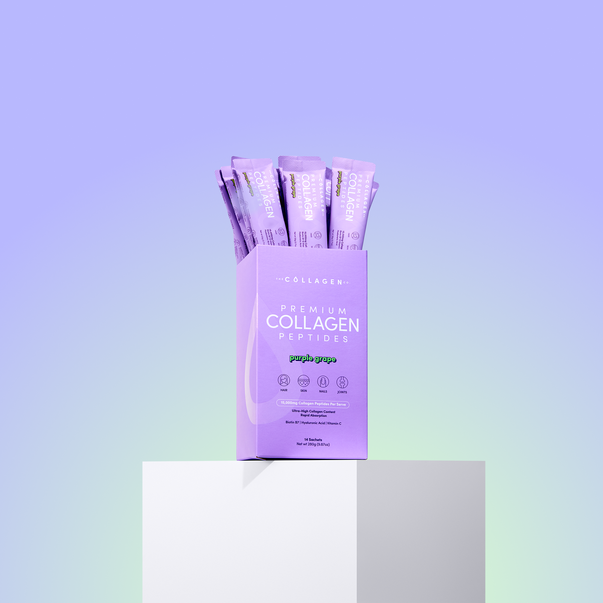 Purple box of premium collagen peptides sachets on a white platform, set against a gradient background.