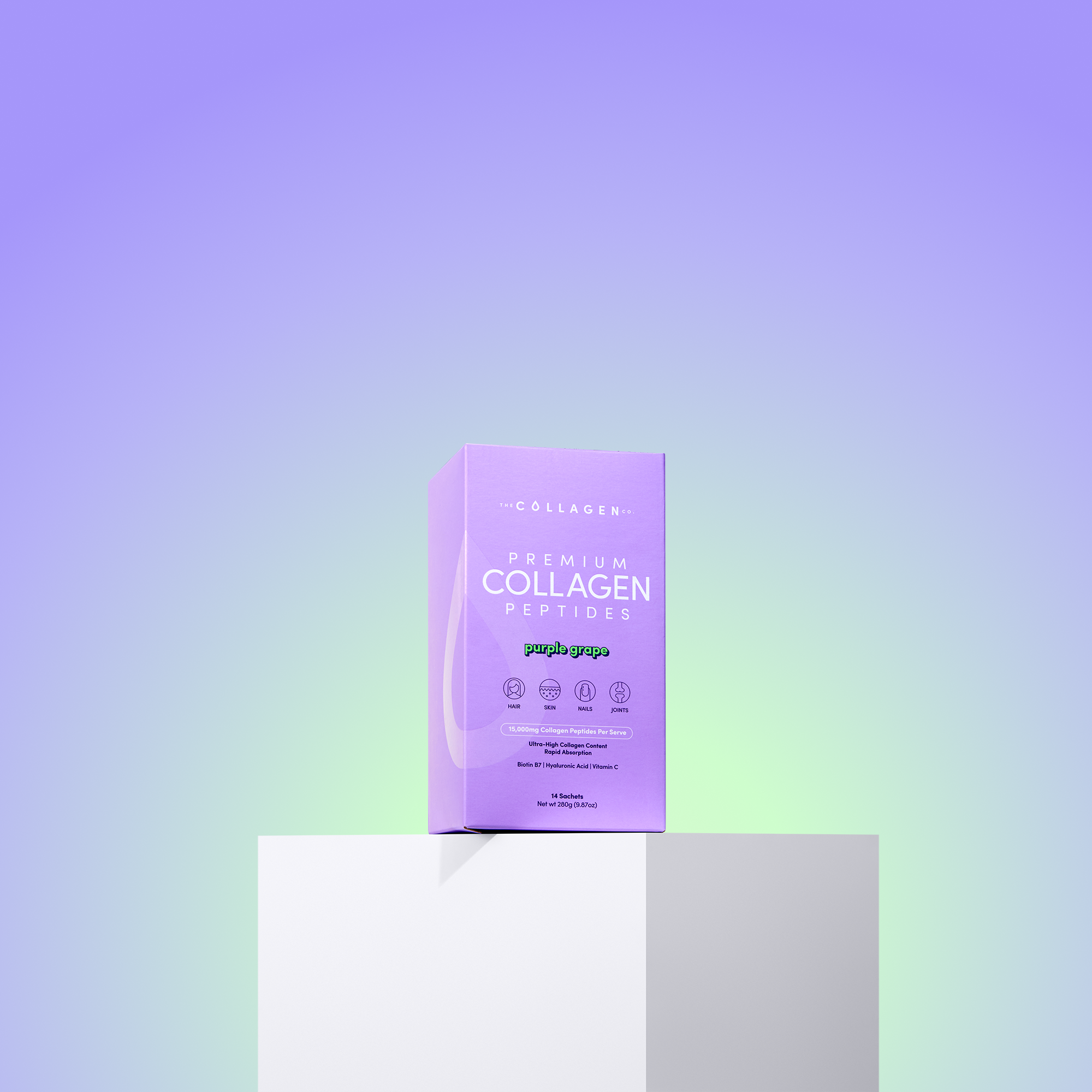 Purple box of premium collagen peptides on a pedestal against a gradient purple and green background.