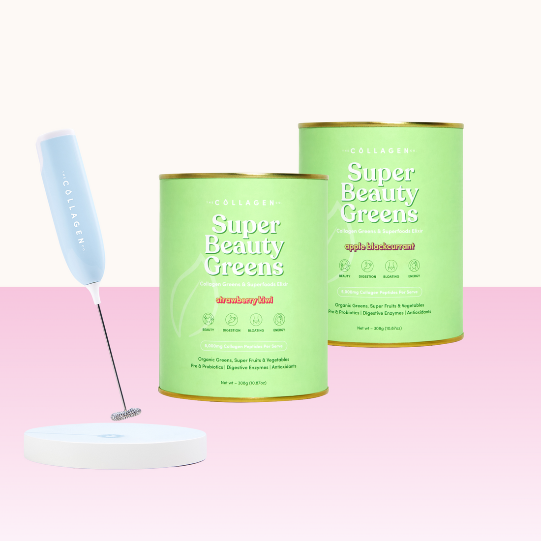 The Collagen Co. Super Beauty Boost Bundle, featuring green canisters and a white milk frother with a blue handle on a pink and white background—perfect for gut health support.