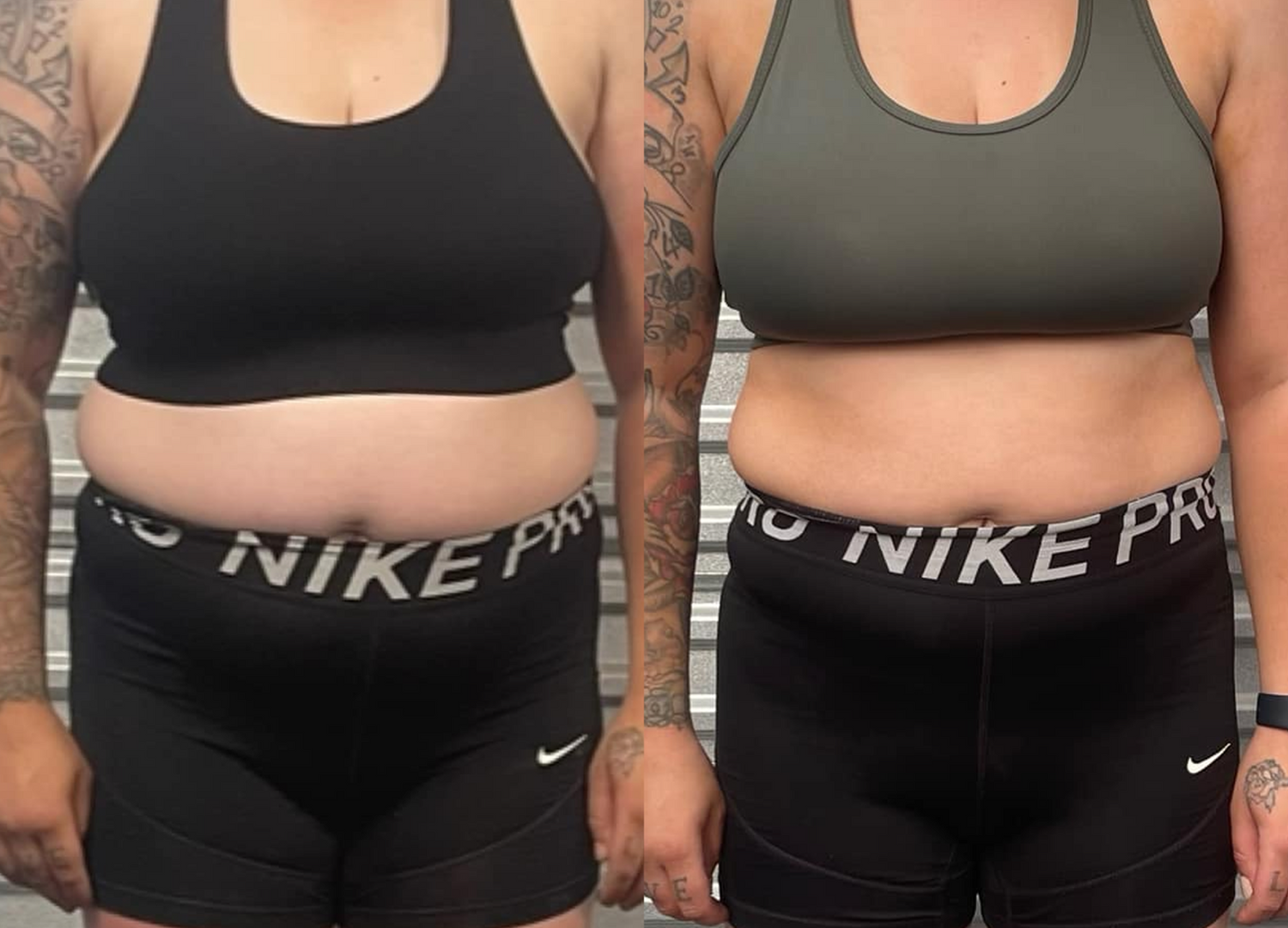 Side-by-side photos of a person’s torso before and after weight loss, showing reduced abdominal fat. The person wears a black sports bra and shorts in the left image, and a green sports bra and the same shorts in the right image.