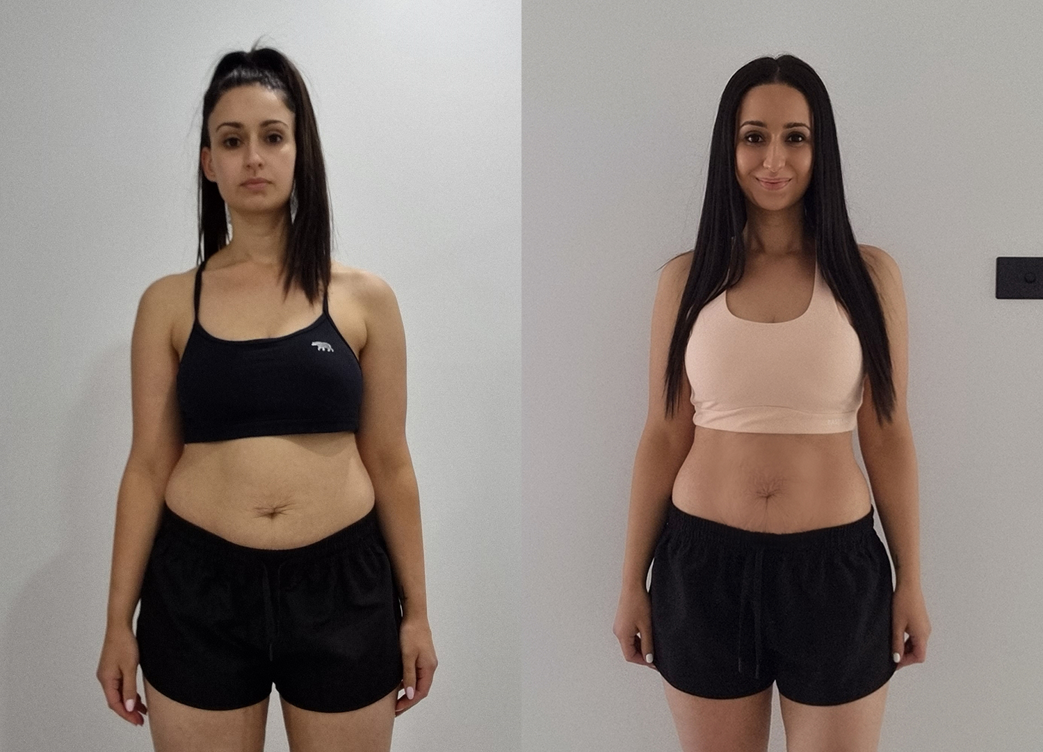 Side-by-side images show a woman before and after a body transformation. In both photos, she faces forward wearing a crop top and black shorts. On the right, she appears slimmer and is smiling.