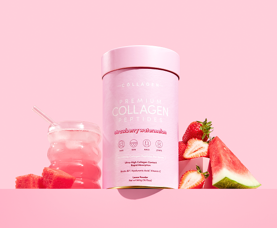 A pink container of Premium Collagen Peptides, strawberry watermelon flavor, sits beside a glass of pink drink, fresh strawberries, and watermelon slices on a pink background.