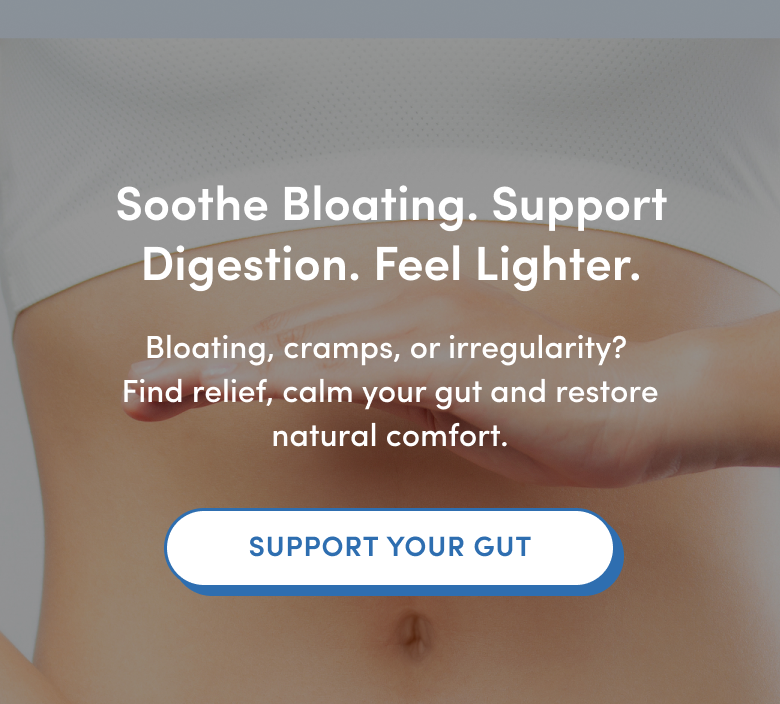 A close-up of a persons bare midsection with text promoting gut health, mentioning relief from bloating, cramps, and irregularity. A blue button reads Support Your Gut.