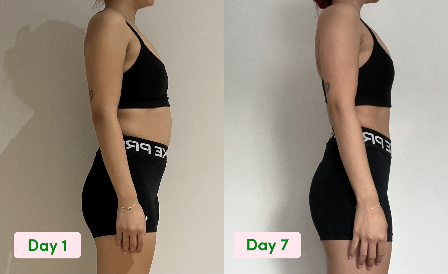 Side-by-side photos of a person in black workout clothes, showing a visible reduction in abdominal size from Day 1 to Day 7. Both images are taken in the same pose against a plain wall.