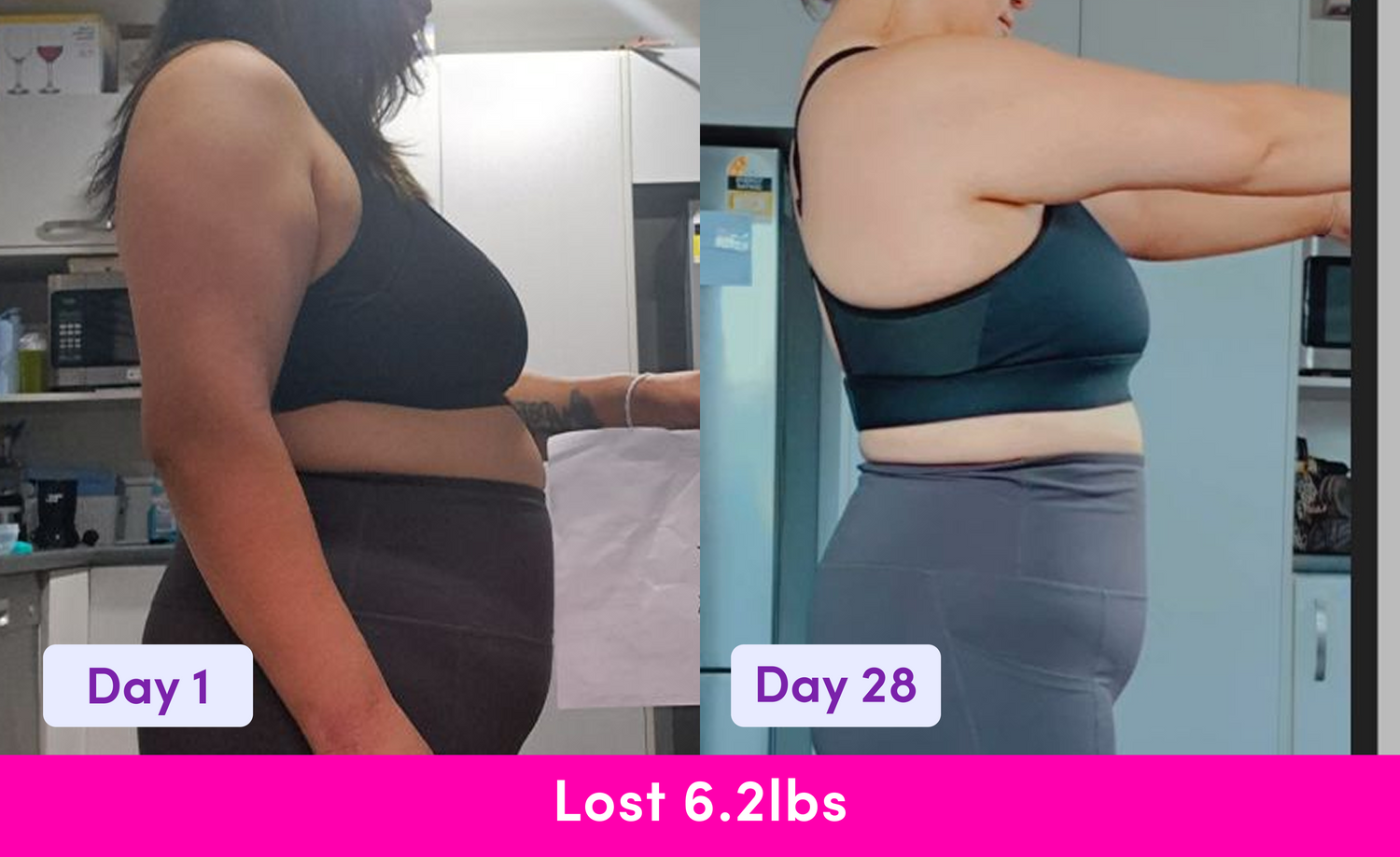 Side-by-side photos show a woman’s body transformation over 28 days. On the left, “Day 1,” she has a fuller stomach; on the right, “Day 28,” her stomach appears slimmer. Text at the bottom reads, “Lost 6.2 lbs.”.