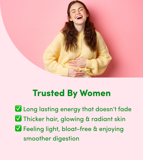 A smiling woman in a yellow sweater holds her stomach, standing against a pink background. Text below reads, “Trusted By Women” with checklists highlighting benefits like energy, hair and skin glow, and smooth digestion.