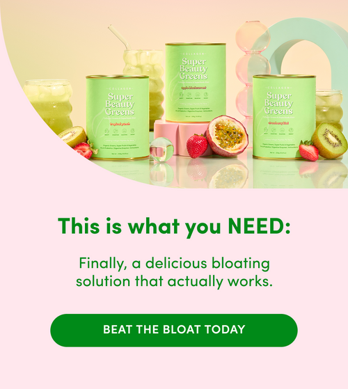 Three cans of Super Beauty Greens powder are displayed with drinks, strawberries, and halved passion fruit, accompanied by text promoting a tasty solution for bloating. A green button reads: “BEAT THE BLOAT TODAY.”.