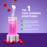 A glass of pink drink with ice is topped with The Collagen Co. Immunity Collagen Peptides - Elderberry & Raspberry 208g as raspberries float. A purple background features benefits: immunity support, healthy glow, and gut health.