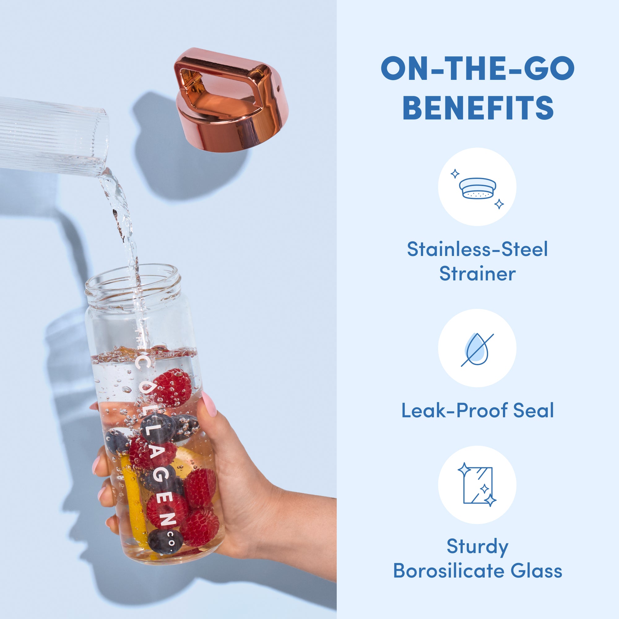 A hand pours water into thecollagen.co Infuser - 500ml, filled with berries. Text highlights portable benefits: durable borosilicate glass, leak-proof seal, and stainless-steel strainer. The word “Collagen” appears on the clear bottle.