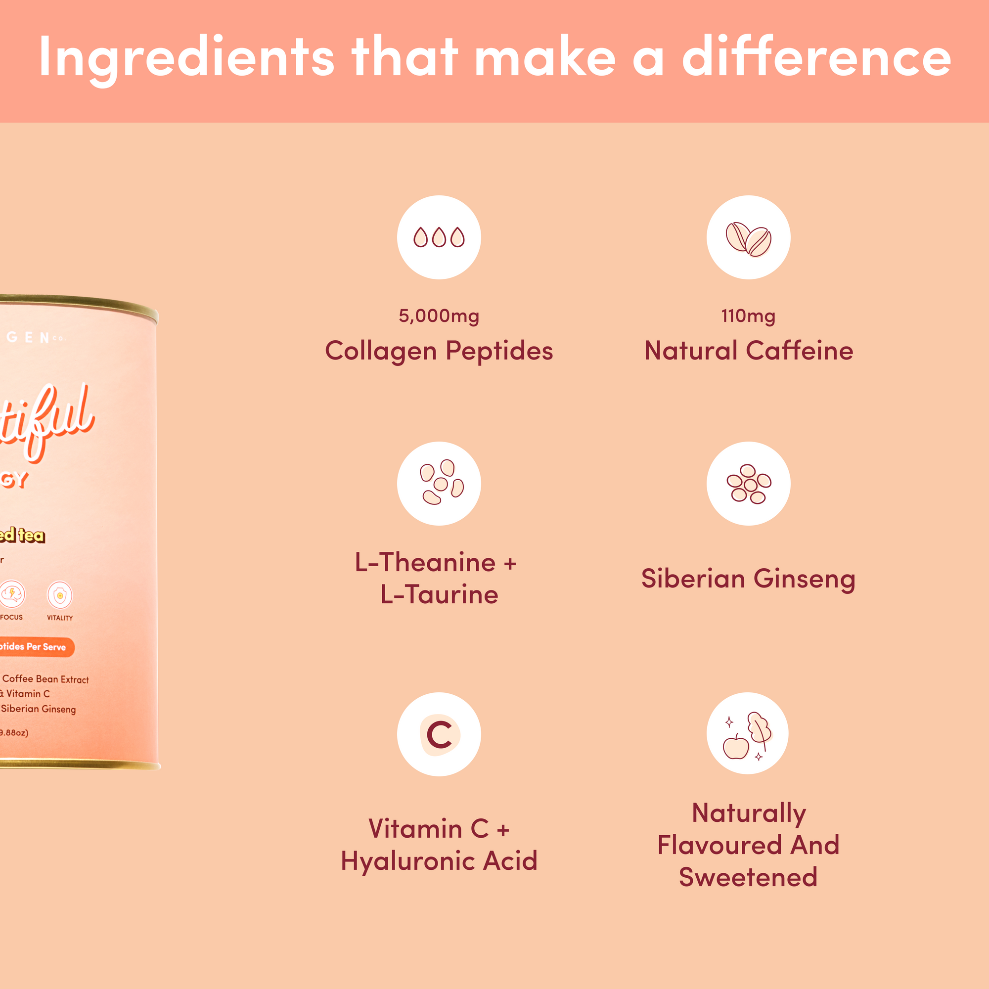 Product packaging with listed ingredients on a peach background