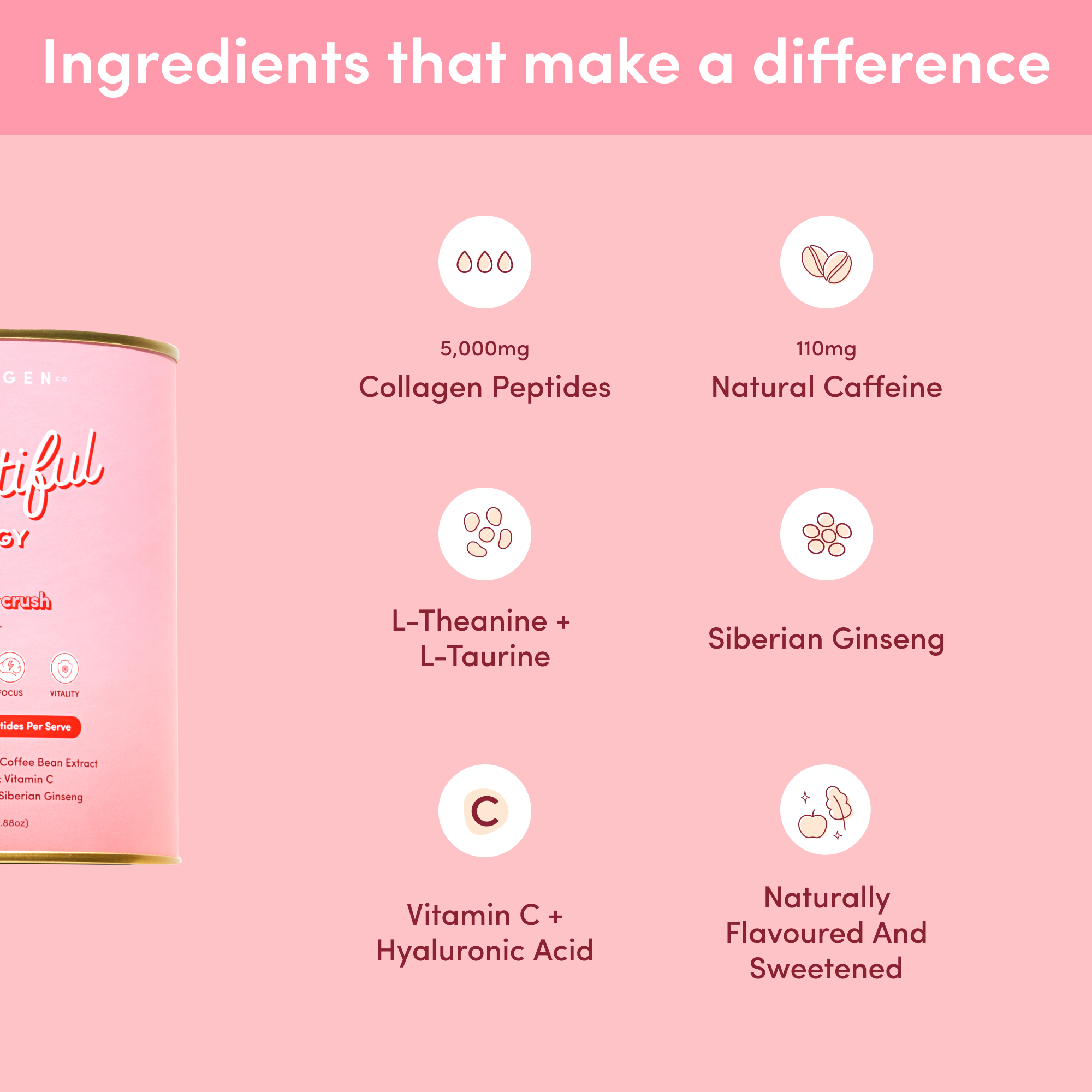 Product can with listed ingredients on a pink background