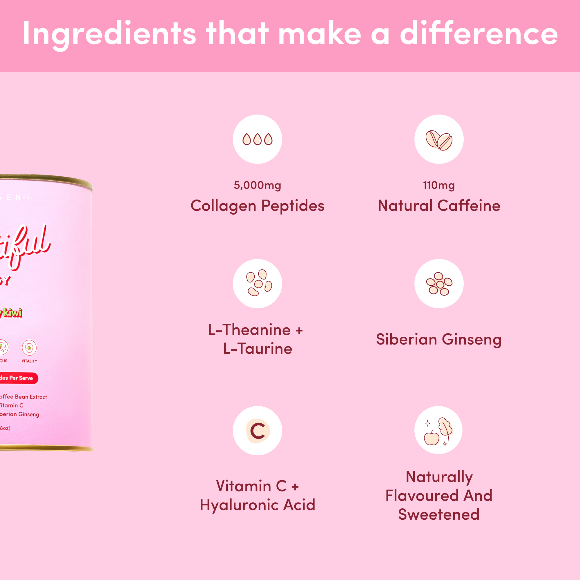 Product packaging with listed ingredients on a pink background