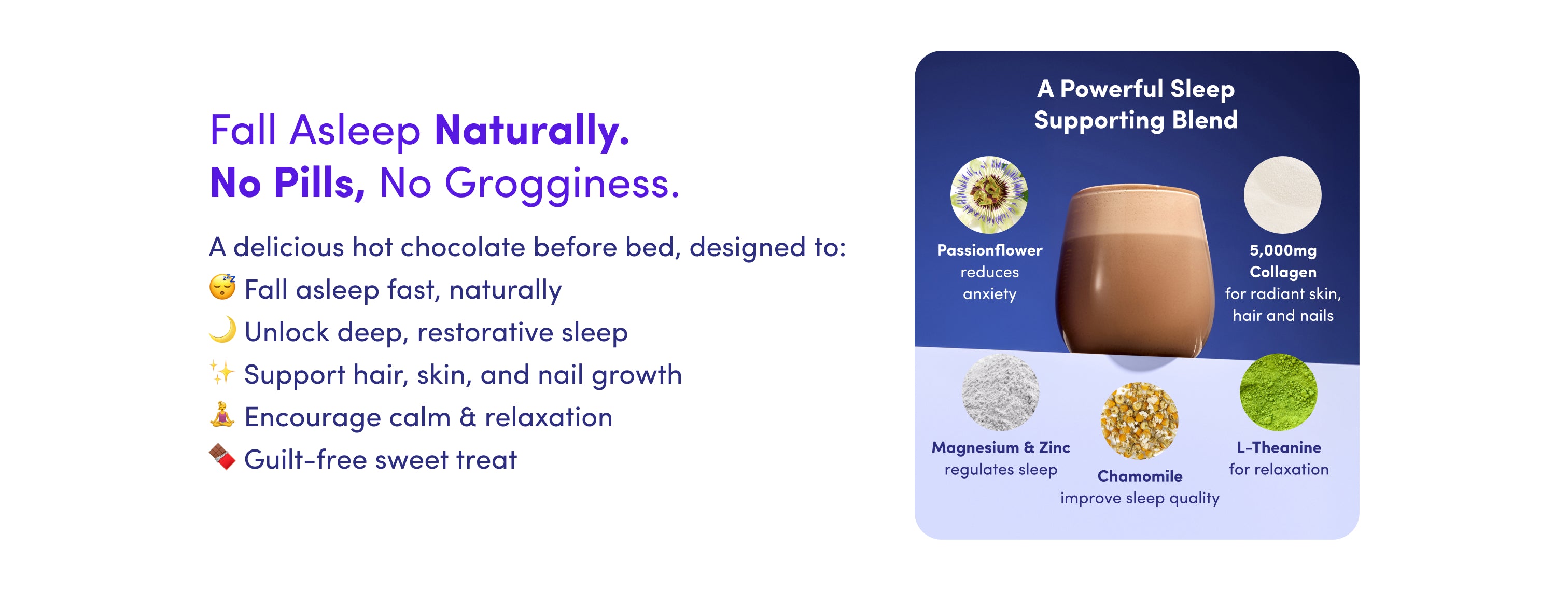 Promotional graphic for a sleep support drink. Left text lists benefits like natural, pill-free sleep, relaxation, and no grogginess. Right side shows ingredients: passionflower, collagen, magnesium, zinc, chamomile, and L-theanine.