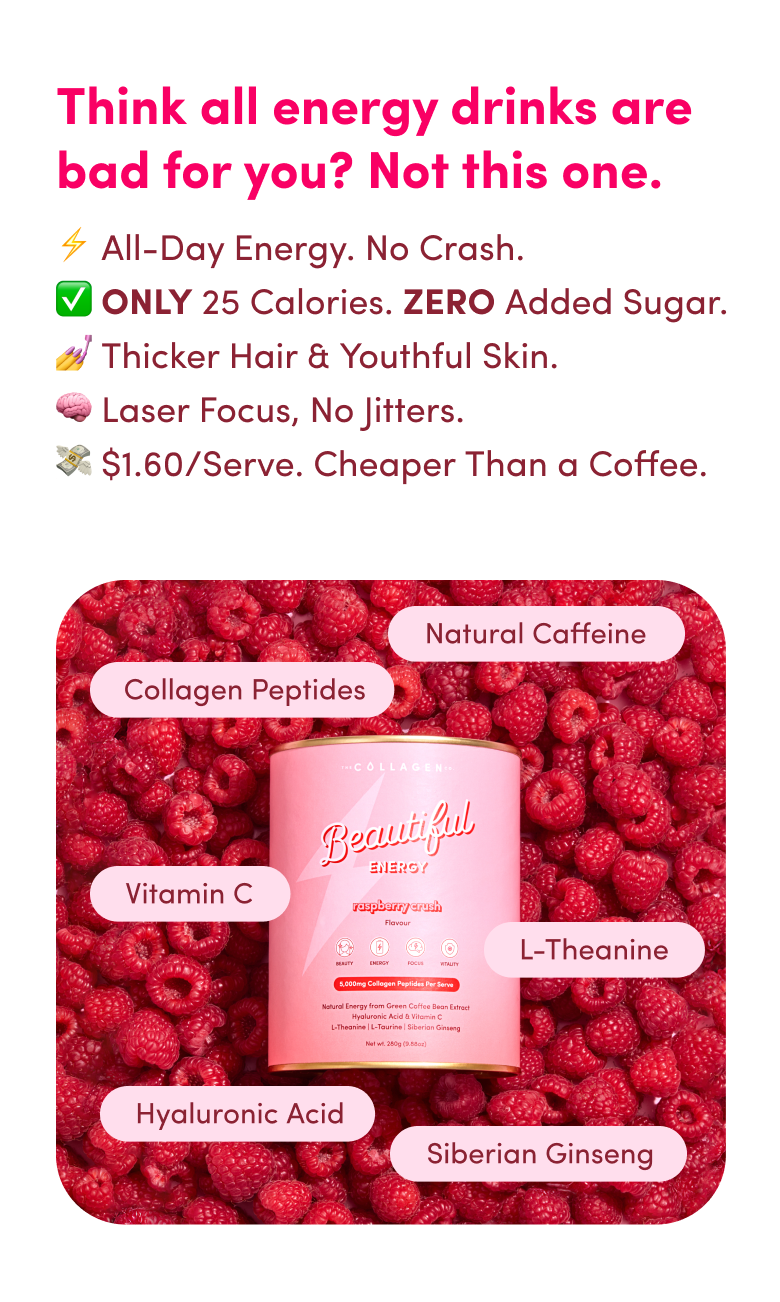 A can of Beautiful Energy drink is surrounded by raspberries. Text highlights its benefits: 25 calories, no added sugar, thicker hair, youthful skin, laser focus, no jitters, and natural ingredients like collagen, vitamin C, and ginseng.