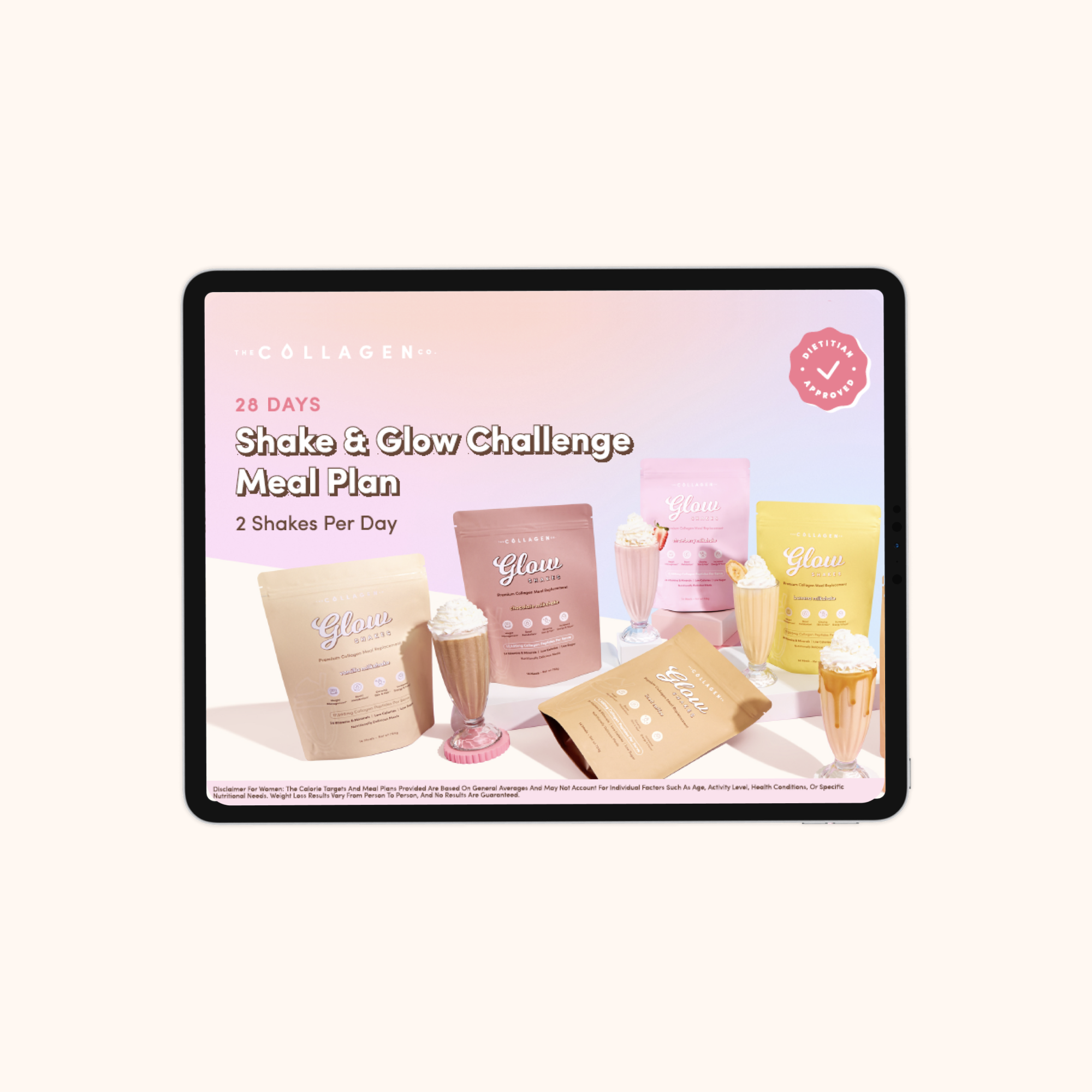 Digital image showing various collagen supplement packets labeled "Glow," with milkshakes in glasses. Text: "Shake & Glow Challenge Meal Plan."