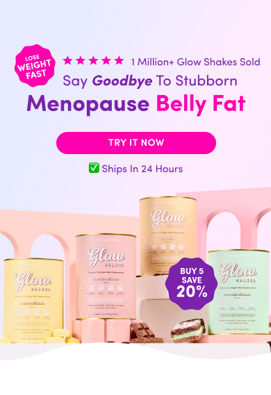 Promotional ad for Glow shakes targeting menopause belly fat, featuring four shake containers, a pink background, text about weight loss, fast shipping, and a Buy 5, Save 20% badge.
