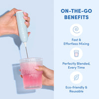 A hand uses The Collagen Co USA Collagen Mixer, a light blue portable handheld mixer, to blend a pink drink in a clear glass. Text highlights benefits: fast mixing, perfect blend every time, eco-friendly and reusable.