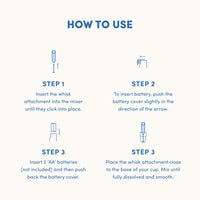 Instruction guide for The Collagen Co USA Collagen Mixer: attach whisk, open battery cover, insert two AA batteries, then use the portable mixer in a cup until smooth.