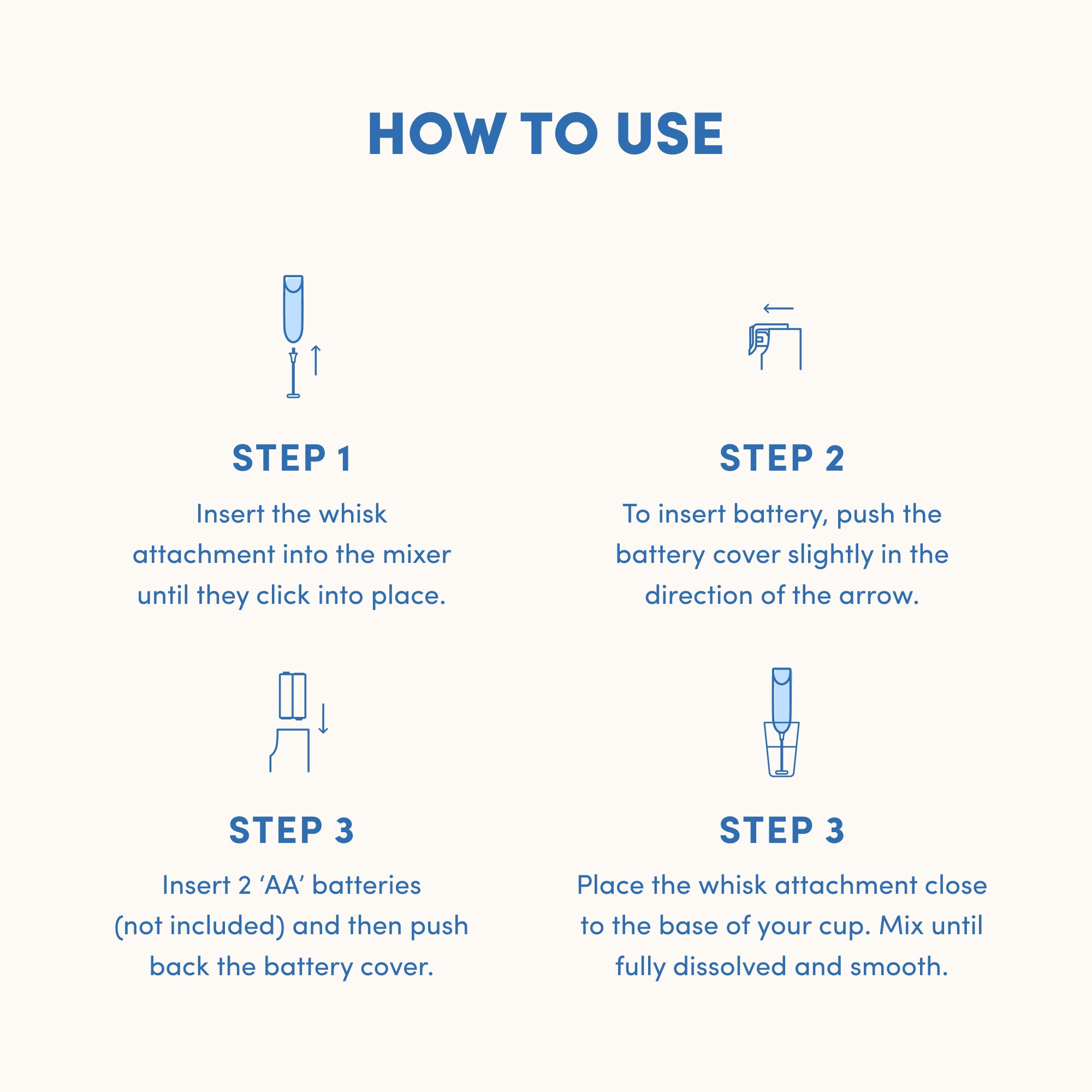 Instruction guide for The Collagen Co USA Collagen Mixer: attach whisk, open battery cover, insert two AA batteries, then use the portable mixer in a cup until smooth.