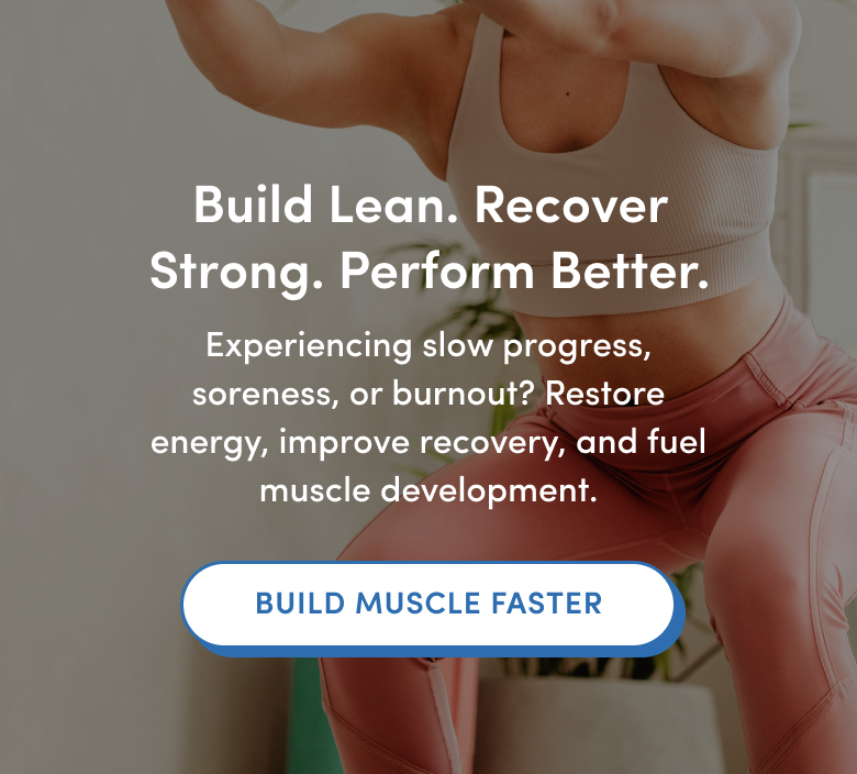 A fit woman in athletic wear exercises indoors. Text promotes building lean muscle, recovering stronger, and performing better, with a blue button labeled BUILD MUSCLE FASTER.