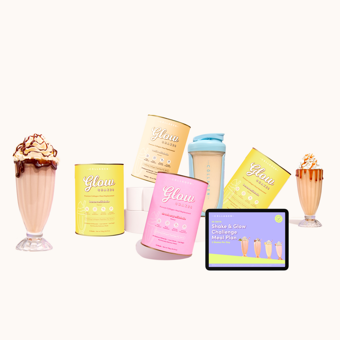 The Collagen Co USA Glow Shake Starter Kit, featuring shakes, a shaker, and a challenge meal plan tablet, is arranged on a light background.