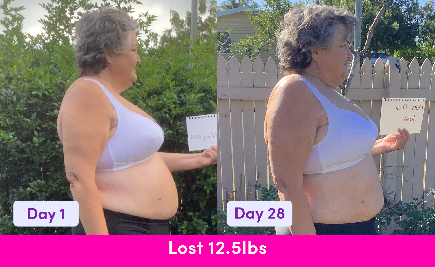 Side-by-side photos of a woman in a white bra and black shorts holding a sign, showing her body on Day 1 and Day 28 of a weight loss journey. Text below reads: Lost 12.5 lbs.