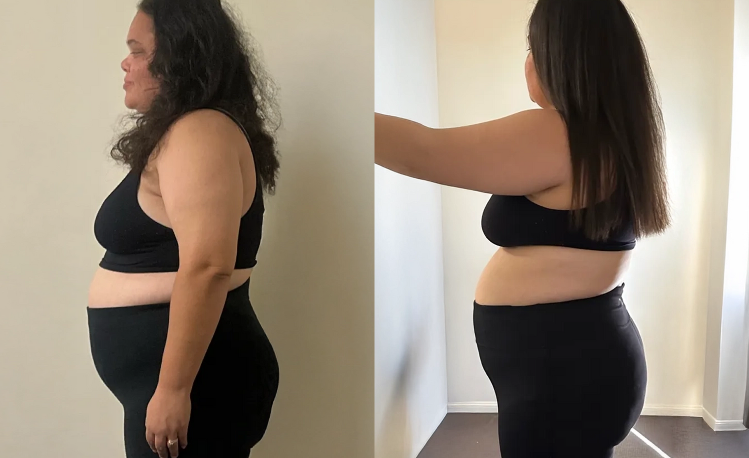 Side-by-side photos of a woman in black workout clothes, showing a before and after weight loss transformation. Left: more volume in the midsection and curly hair. Right: slimmer waist and straighter, longer hair.